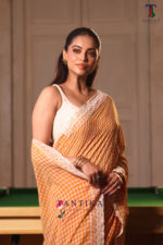 Orange Pure Mull Cotton Less Border Hand Painted Saree - Image 2