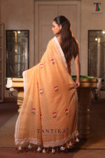 Orange Pure Mull Cotton Less Border Hand Painted Saree - Image 4