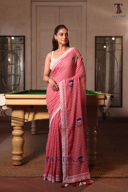 Red Pure Mull Cotton Less Border Hand Painted Saree