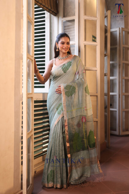 Sage Green Pure Jayashree Linen Silk Saree