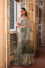Sage Green Pure Jayashree Linen Silk Saree - Image 3