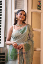 Sage Green Pure Jayashree Linen Silk Saree - Image 2