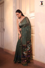 Bottle Green Pure Jayashree Linen Silk Saree - Image 3