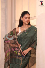 Bottle Green Pure Jayashree Linen Silk Saree - Image 2
