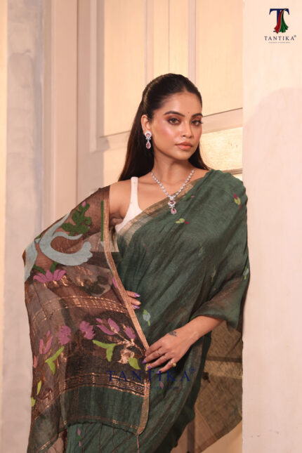 Bottle Green Pure Jayashree Linen Silk Saree alternate view