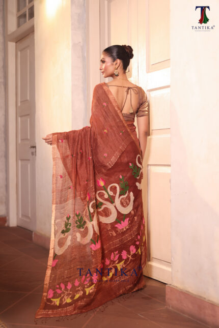 Brown Pure Jayashree Linen Silk Saree alternate view