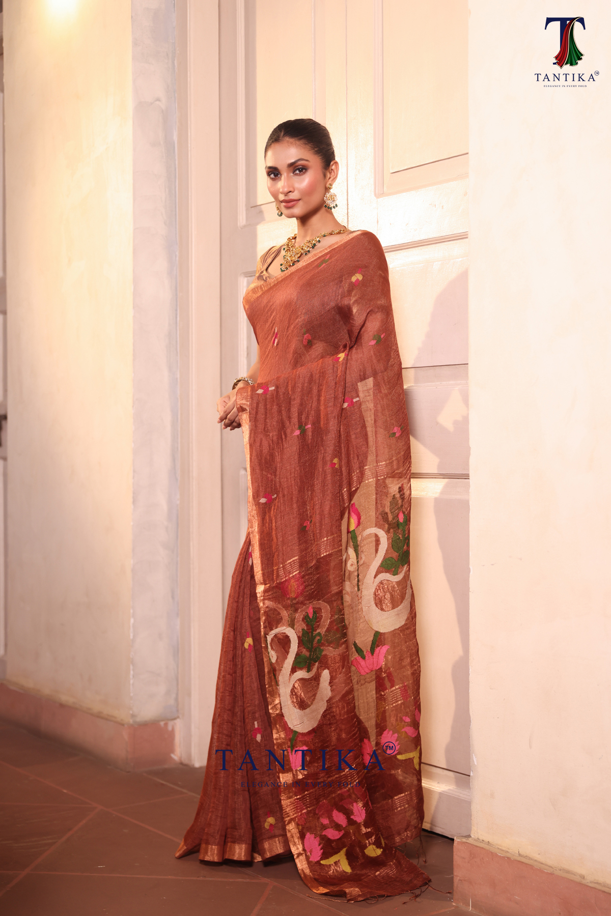 ss (893) Brown Pure Jayashree Linen Silk Saree - Image 1