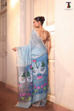 Sky Blue Pure Jayashree Linen Silk Saree - Image 3