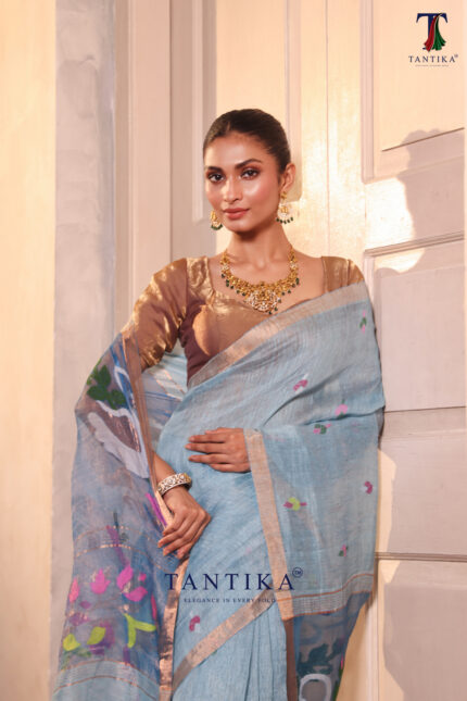 Sky Blue Pure Jayashree Linen Silk Saree alternate view