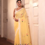 Yellow Pure Mull Cotton Less Border Hand Painted Saree
