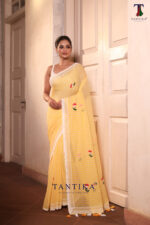 Yellow Pure Mull Cotton Less Border Hand Painted Saree