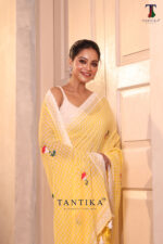 Yellow Pure Mull Cotton Less Border Hand Painted Saree - Image 2
