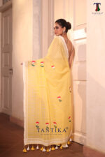 Yellow Pure Mull Cotton Less Border Hand Painted Saree - Image 4