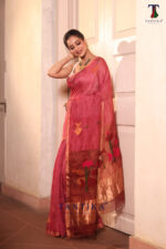 Rose Pink Pure Jayashree Linen Silk Saree - Image 2